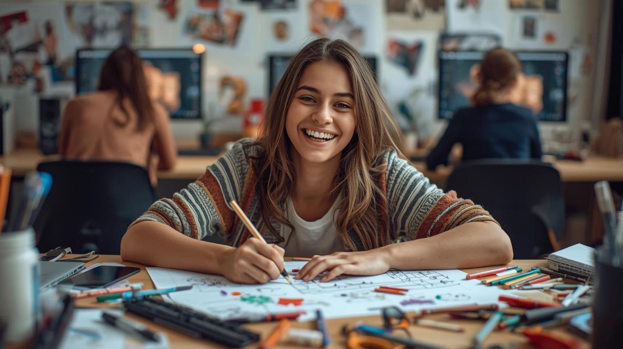 Cheerful artist surrounded by sketches and instruments inspired by web series